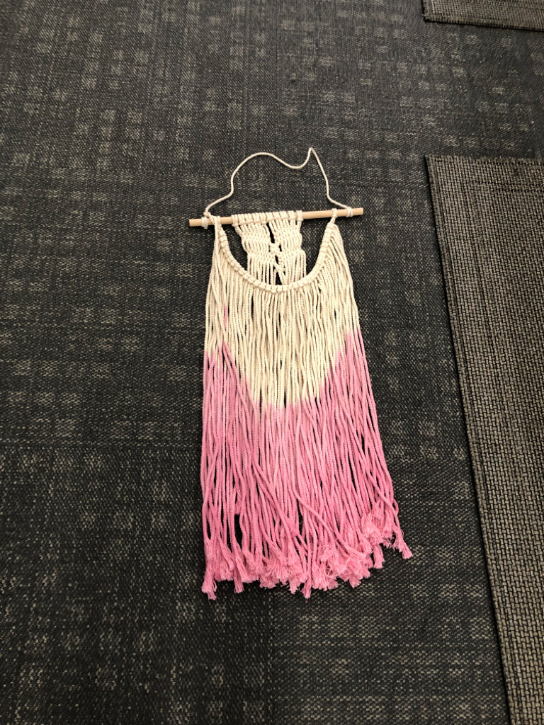 CREAM AND PINK MACRAME WALL HANGING.