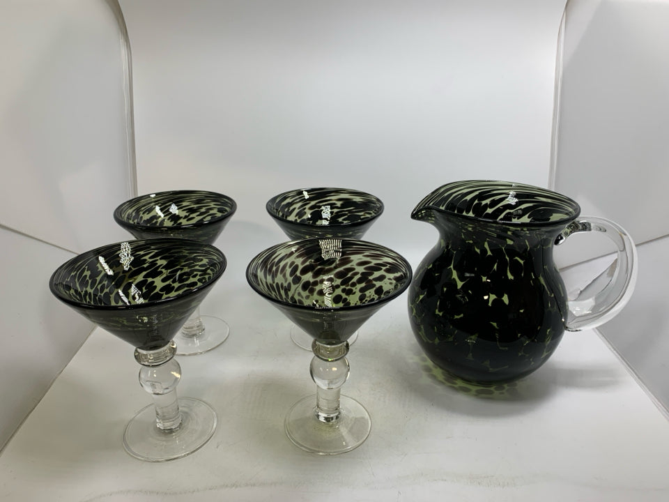 5 PC GREEN SPECKLED 4 MARTINI GLASSES & PITCHER.
