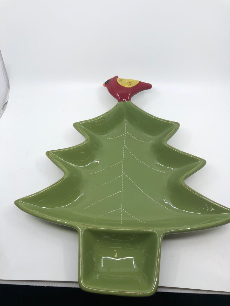 LARGE CERAMIC CHRISTMAS TREE W/ CARDINALS ON TOP.