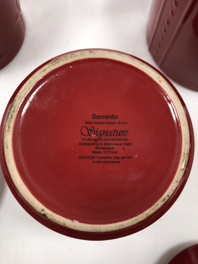 3PC RED CERAMIC CANISTER SET.