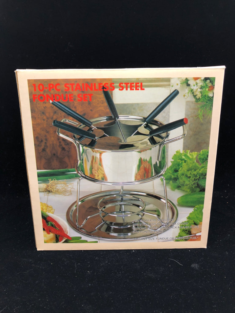 NIB 10 PC STAINLESS STEEL FONDUE SET.