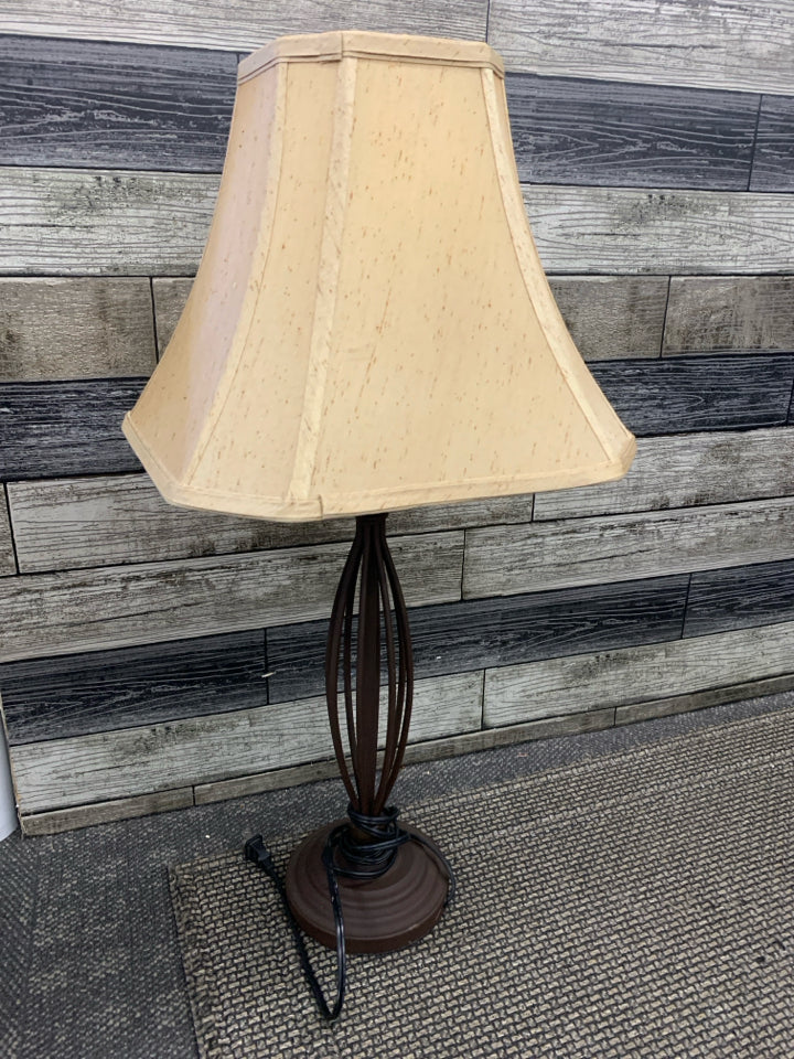 BROWN METAL LAMP W/ TAN SHADE.