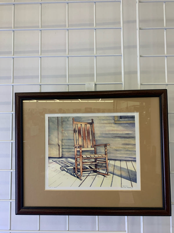CHAIR ON PORCH WATERCOLOR PAINTING IN BROWN FRAME 12"H X 15"W