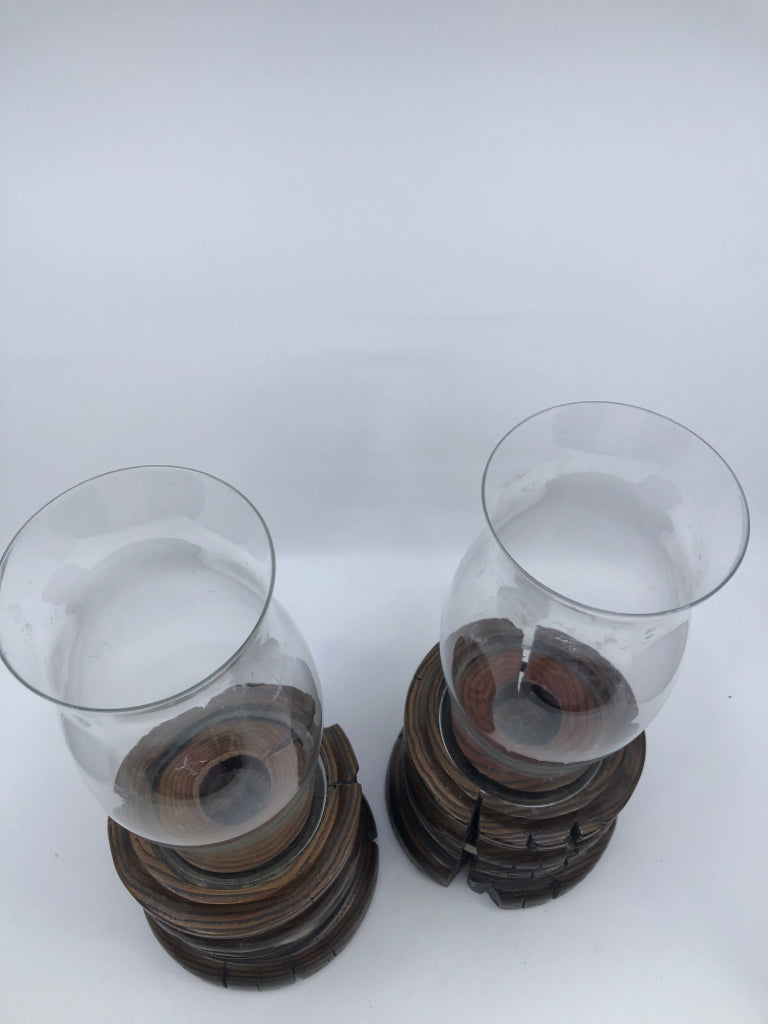 2 WOOD +GLASS PILLAR HURRICANE CANDLE HOLDERS.