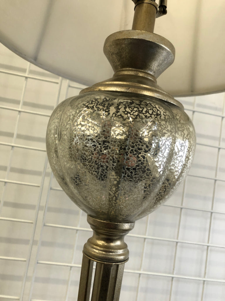 TALL METAL LAMP W/ WHITE SHADE&DISTRESSED BALL DESIGN.