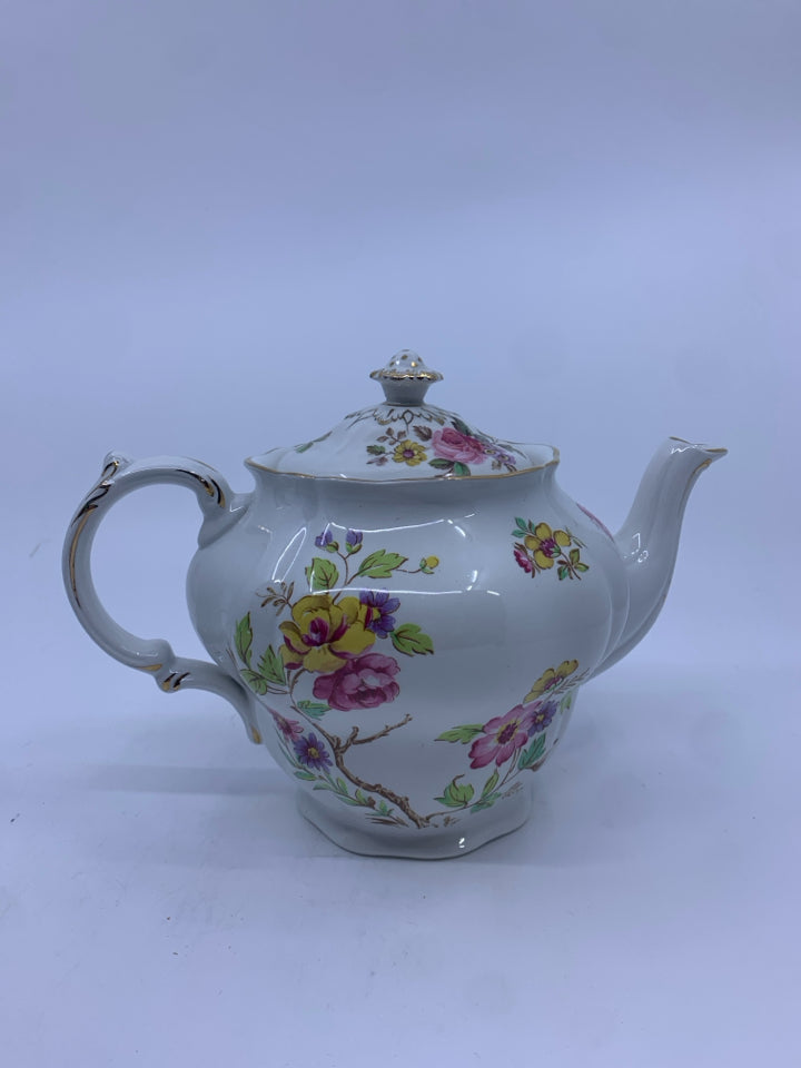 VTG YELLOW AND PURPLE FLORAL TEAPOT- ENGLAND.