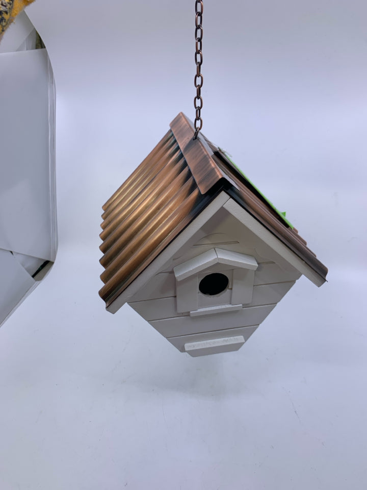 NEW WHITE BIRD HOUSE W/ COPPER METAL ROOF.