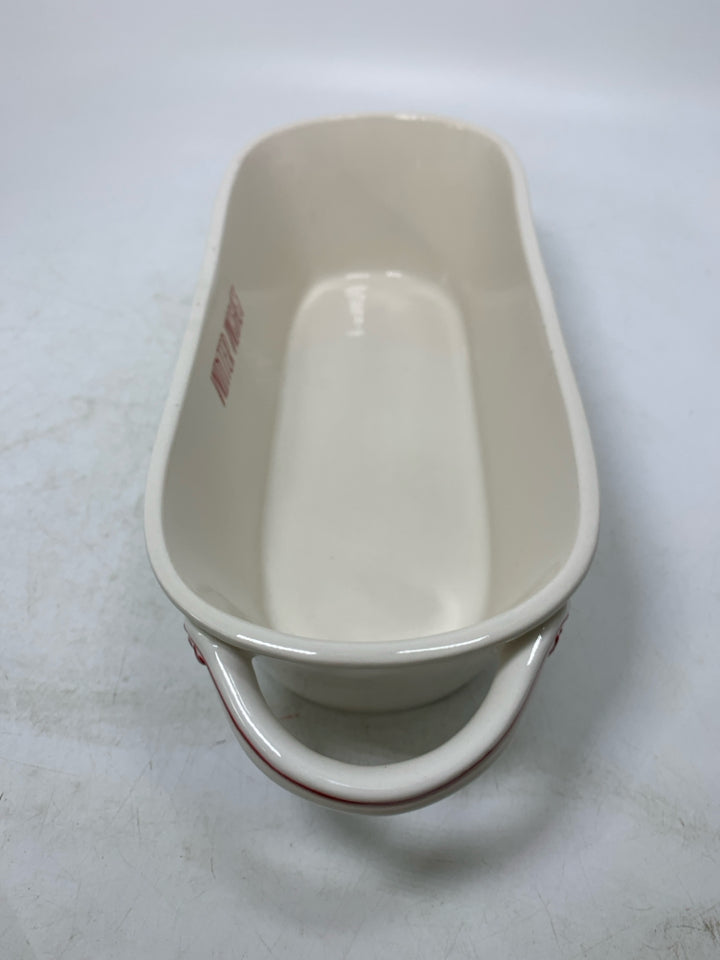 CREAM COLORED OVAL PLANTER W/ PLAID RED TRUCK.