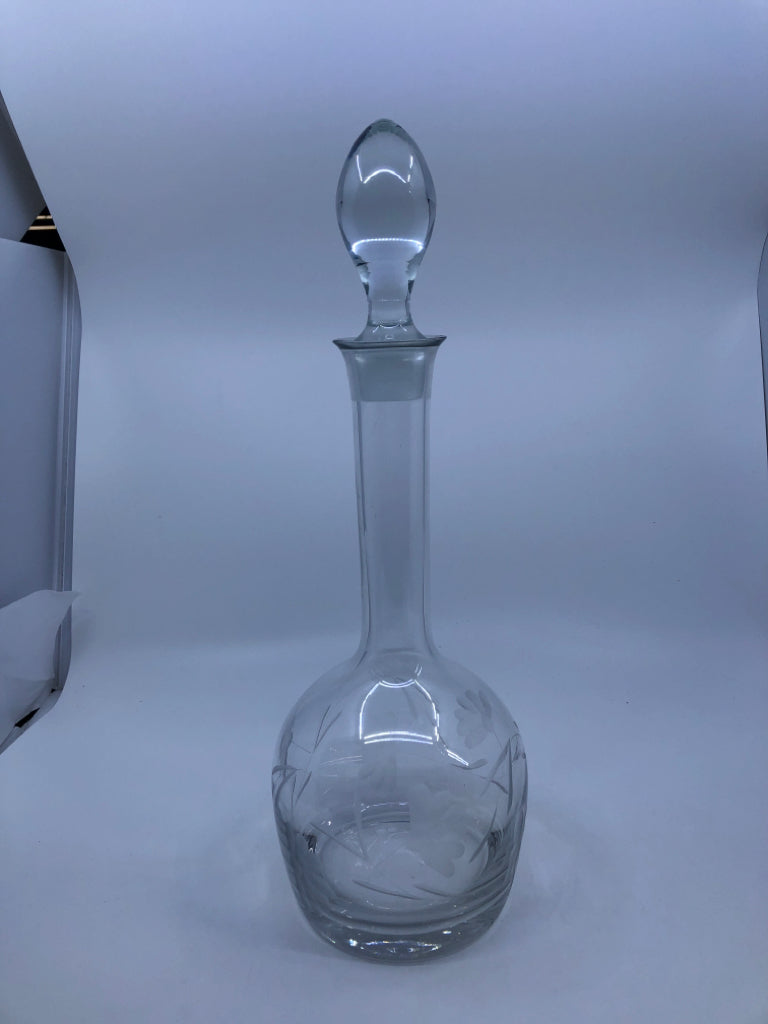 ETCHED FLORAL SKINNY NECK DECANTER.