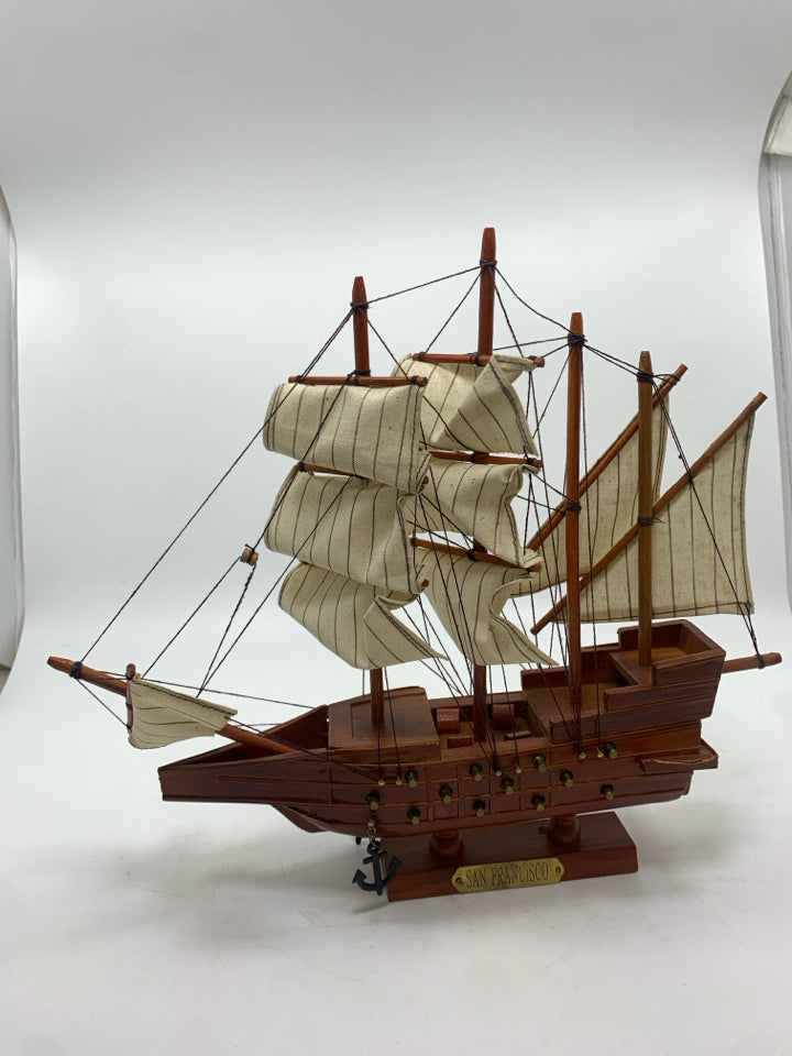 SAN FRANCISCO MODEL WOOD SHIP W/FABRIC SAILS.