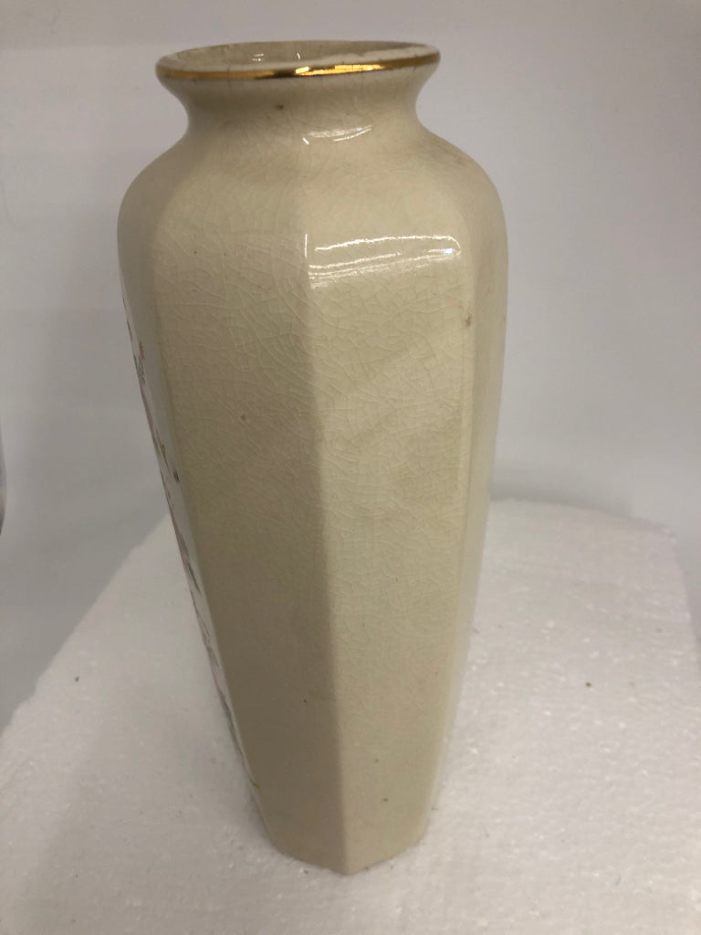 CREAM CRAZING VASE W/ COLORFUL BOUQUET OCTAGON SHAPE.