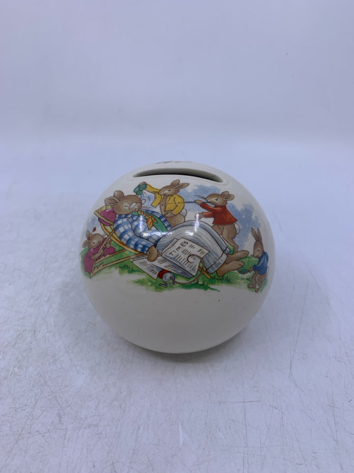SMALL BUNNYKINS SPHERE IVORY COLORED VASE W/ BUNNIES TRYING TO WAKE UP FATHER FR