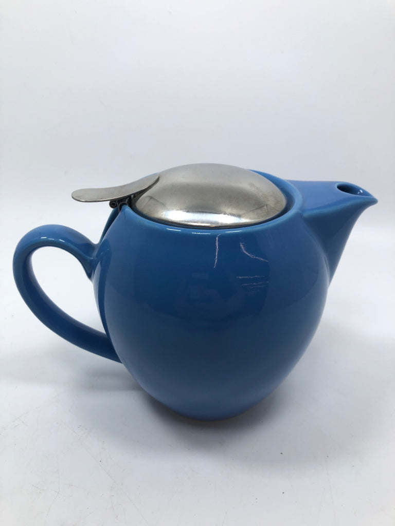 BLUE CERAMIC TEAPOT W/STAINLESS STEEL FLIP LID.