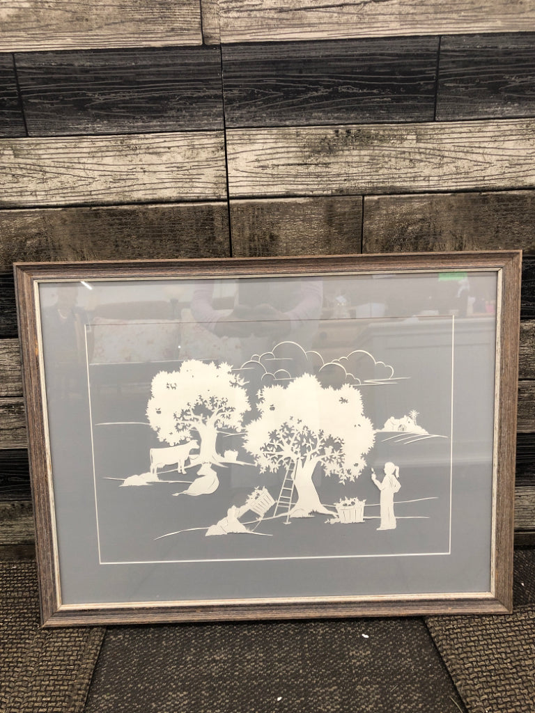 FARM SCENE CUTOUT IN GREY WASHED FRAME WALL ART.