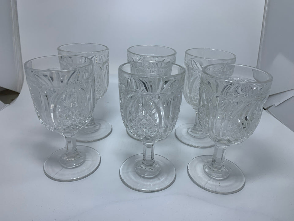 6 CUT CRYSTAL WINE GOBLETS.