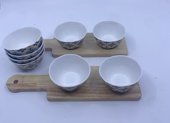 2 WOOD YELLOW GREY SAUCE SERVERS W 8 CUPS.