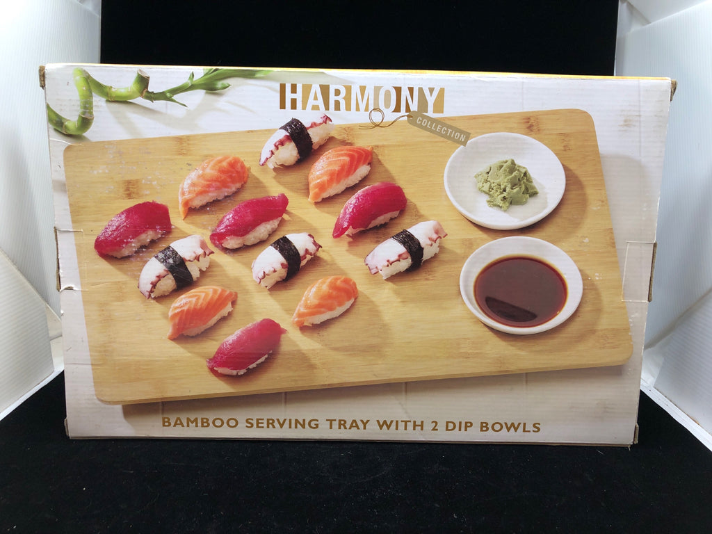NIB HARMONY BAMBOO SERVING TRAY W/2 DIP BOWLS.