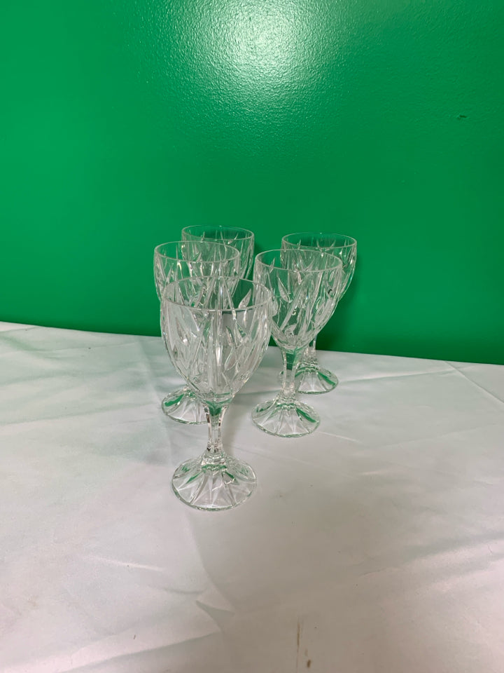 5 TALL CUT GLASS WINE GLASSES.