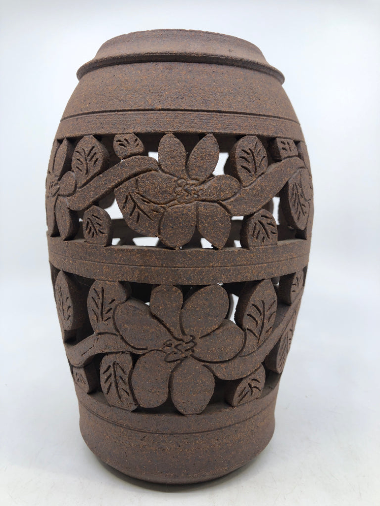 STONE CARVED CUT OUT VASE.