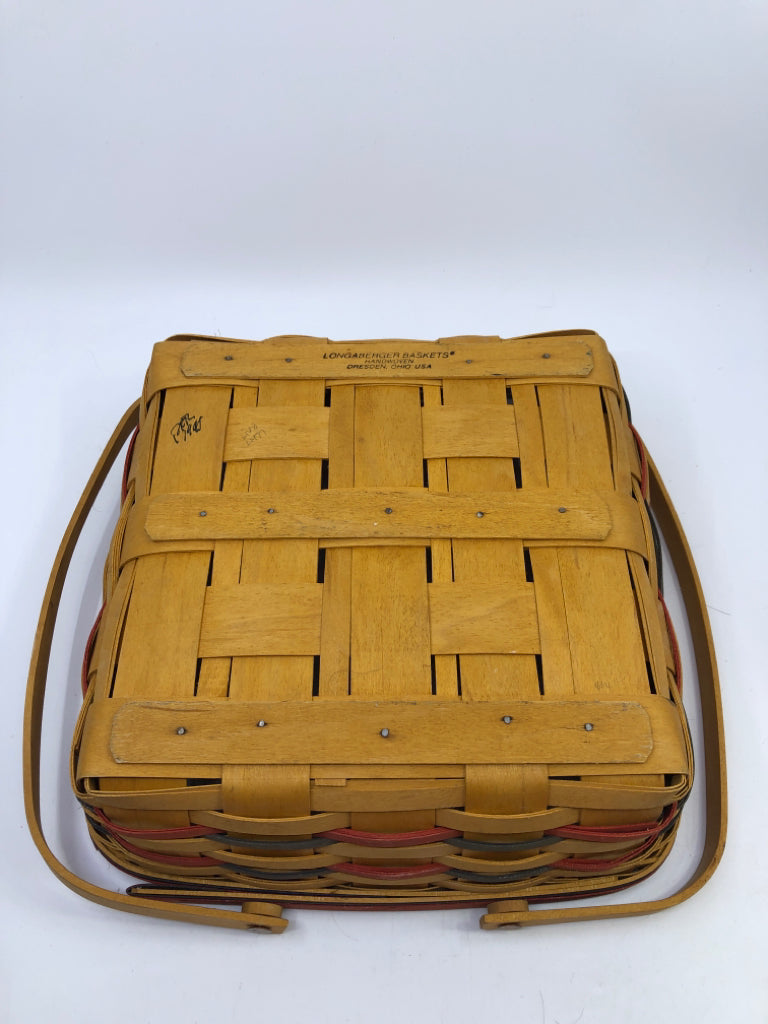 1995? ROUNDED SQUARE W/ 2 HANDLES BASKET + PROTECTOR- RED & BLUE WEAVE.