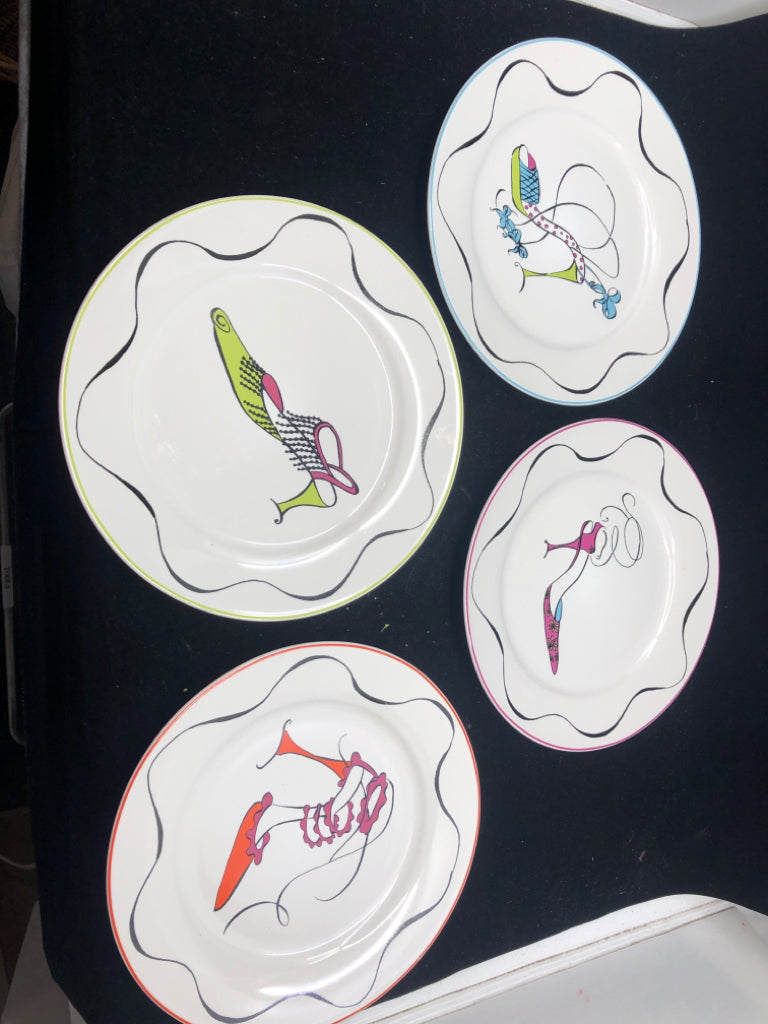 4 COLORFUL HIGH HEEL LUNCH PLATES.