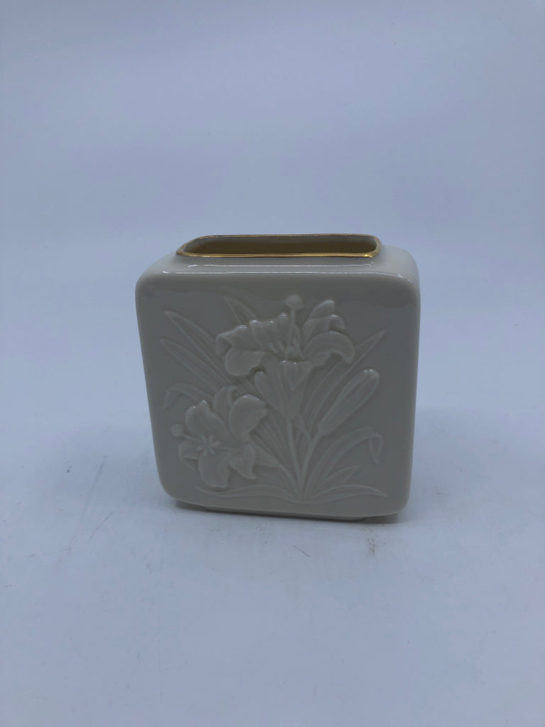 LENOX SQUARE VASE W/ EMBOSSED LILIES.