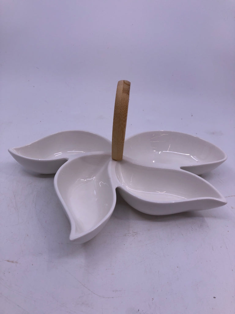 WHITE PORCELAIN BRANDINI 4 SECTION APPETIZER TRAY WITH BAMBOO HANDLE.