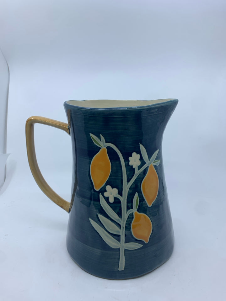 LARGE CERAMIC PITCHER DARK BLUE W/ LEMON TREE.