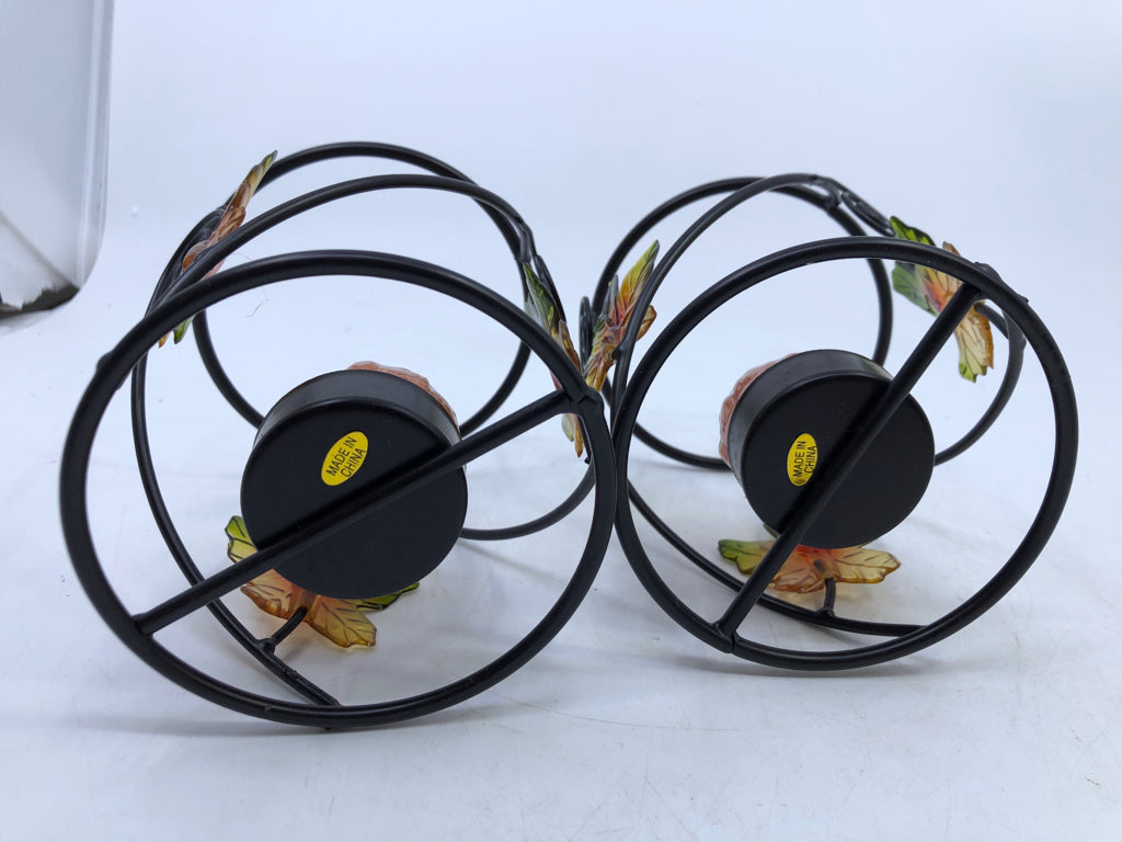 2 BLACK METAL LEAF CANDLE HOLDERS W PUMPKIN TEA LIGHTS.