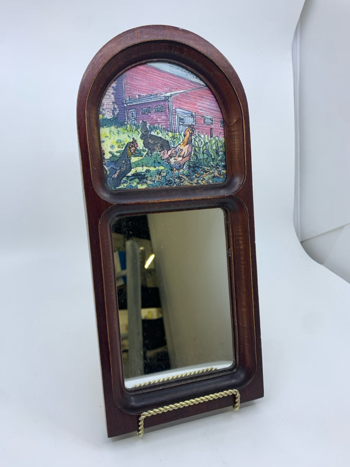SMALL DARK WOOD MIRROR W/ ROOSTER PICTURE.