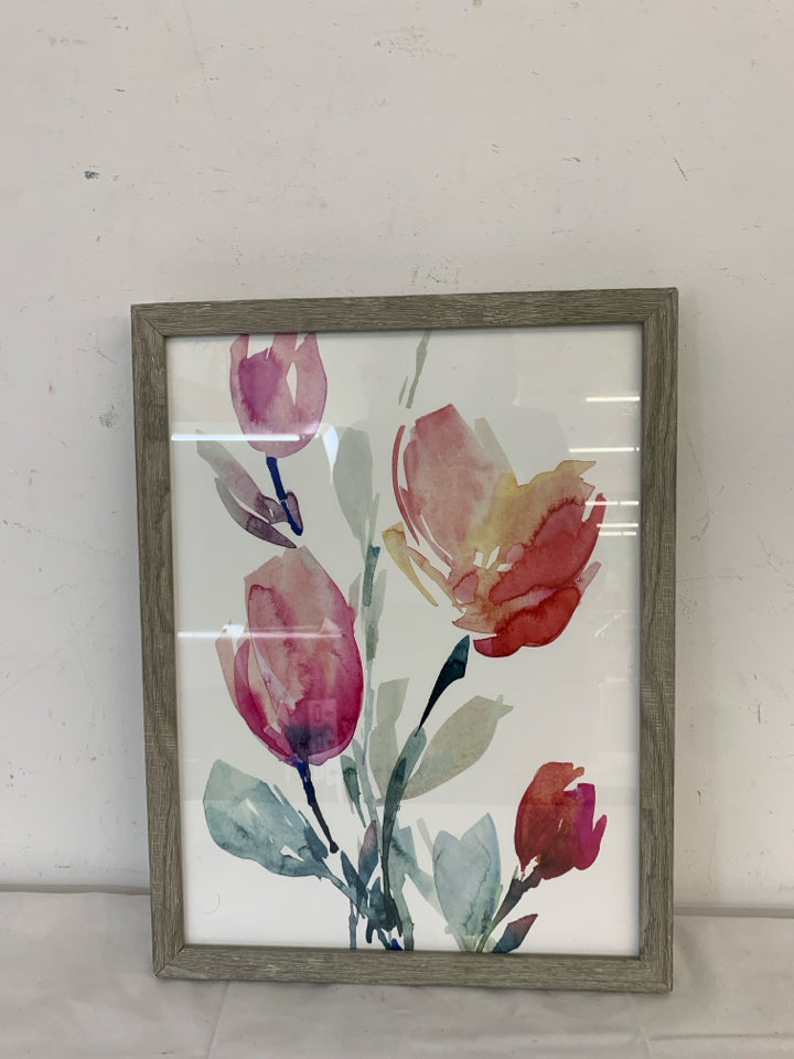 PINK FLORAL IN GREY WHITE WASHED FRAME WALL ART.