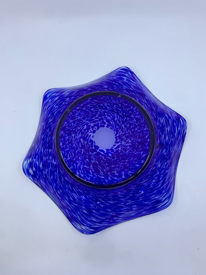 BLUE WAVY EDGE BLOWN GLASS BOWL.