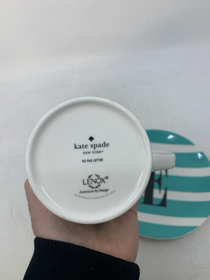2 PC TEAL STRIPED MONOGRAM E MUG/PLATE LENOX.