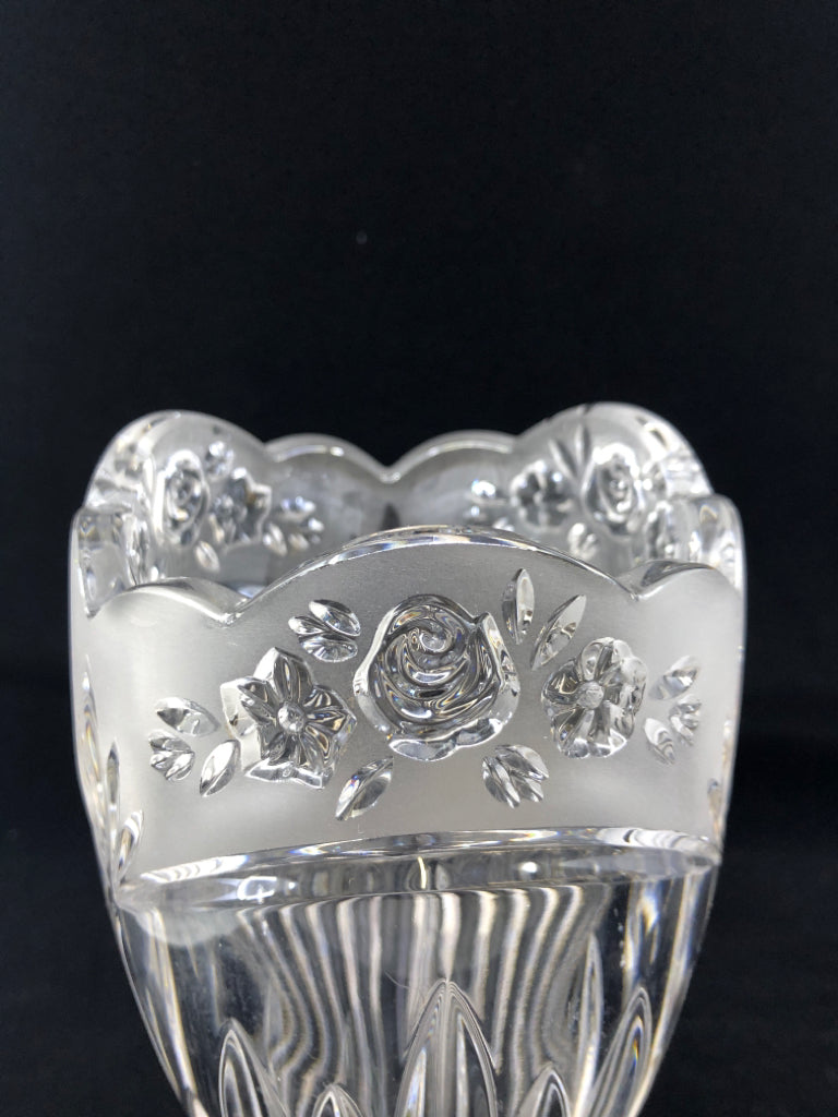 HEAVY CUT GLASS VASE W/EMBOSSED FLOWERS.