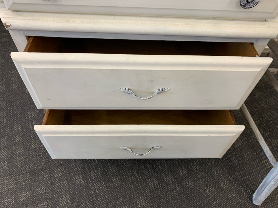 RUSTIC OFF WHITE DESK W/ 3 DRAWERS + CANE CHAIR.