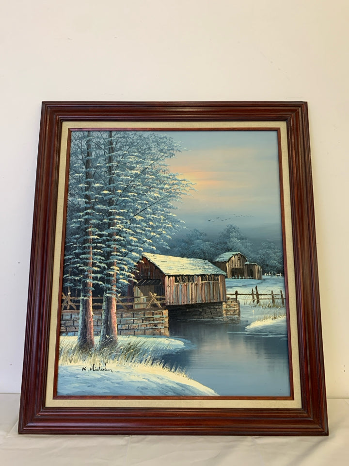 WOODEN BRIDGE WINTER SCENE PAINTING IN CHERRY WOOD FRAME.