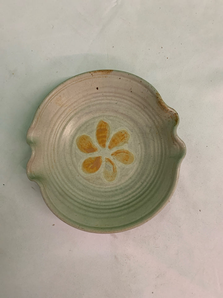 YELLOW FLOWER WAVY EDGE POTTERY BOWL.