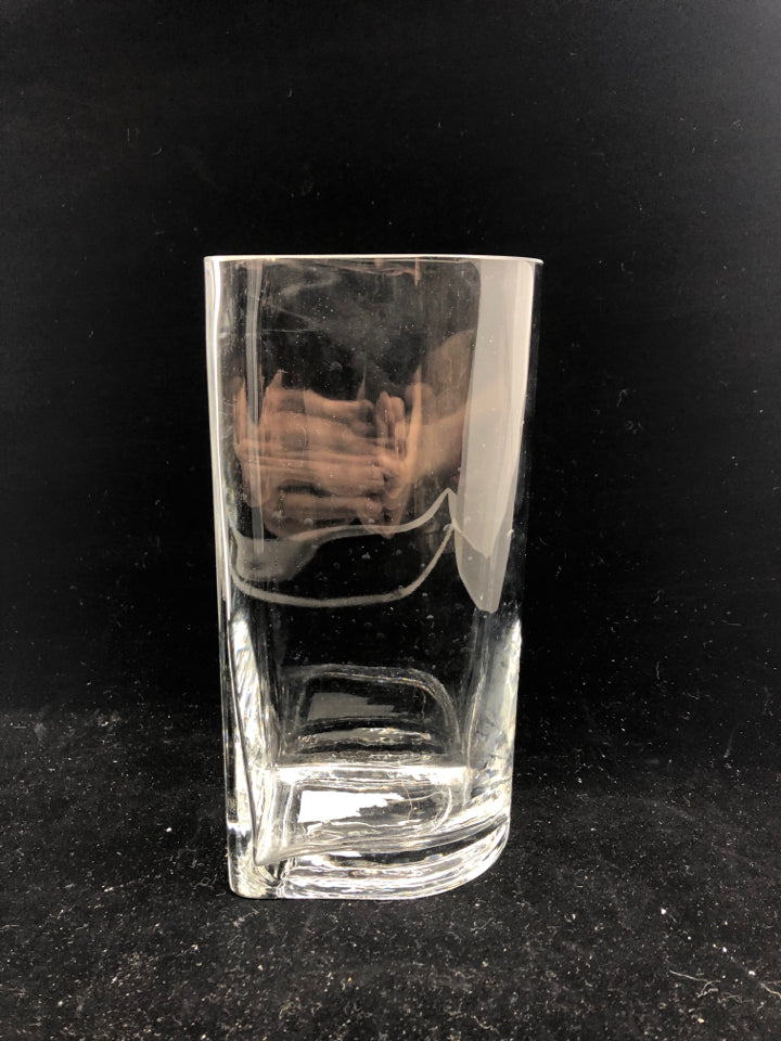 SQUARE THICK CLEAR GLASS VASE W/ CURVED SIDE.