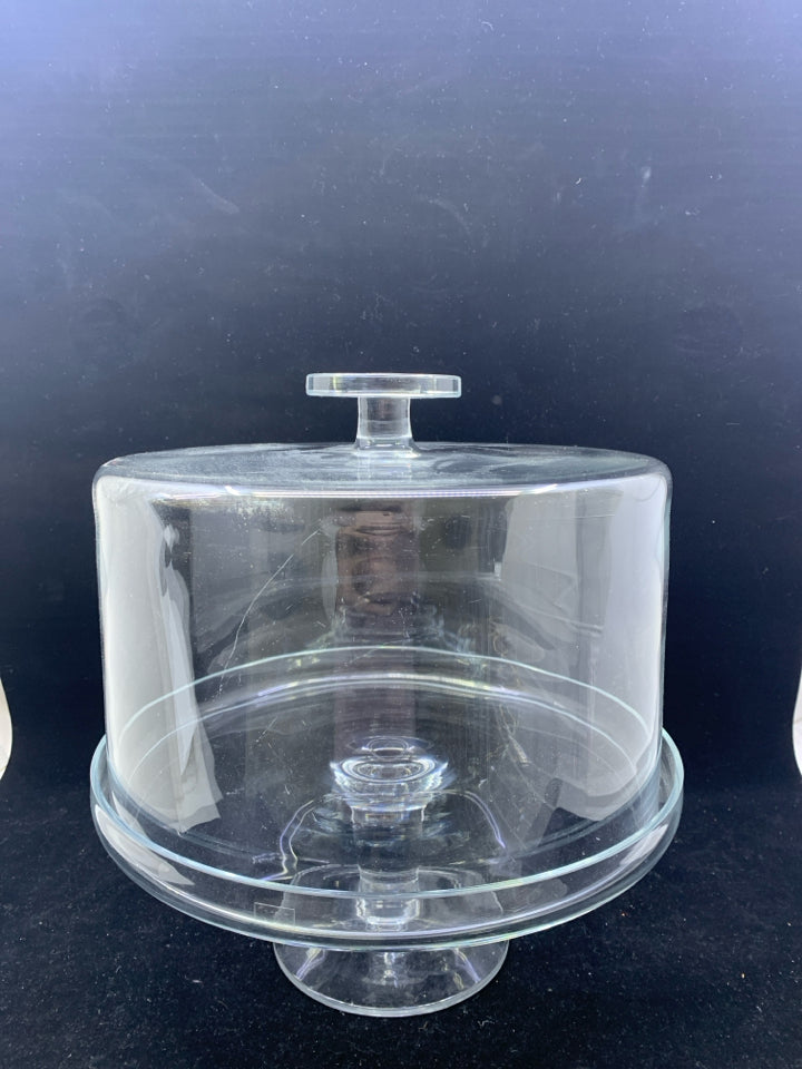 LARGE CLEAR GLASS FOOTED CAKE STAND W COVER.