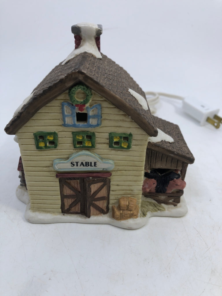 CERAMIC VILLAGE HOME "STABLE" W/ ANIMALS.