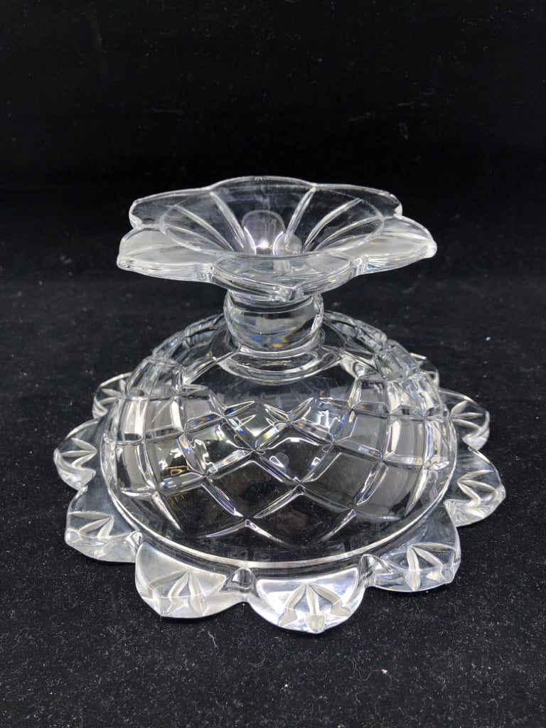 THICK GLASS FOOTED FLOWER SHAPE CANDY DISH.