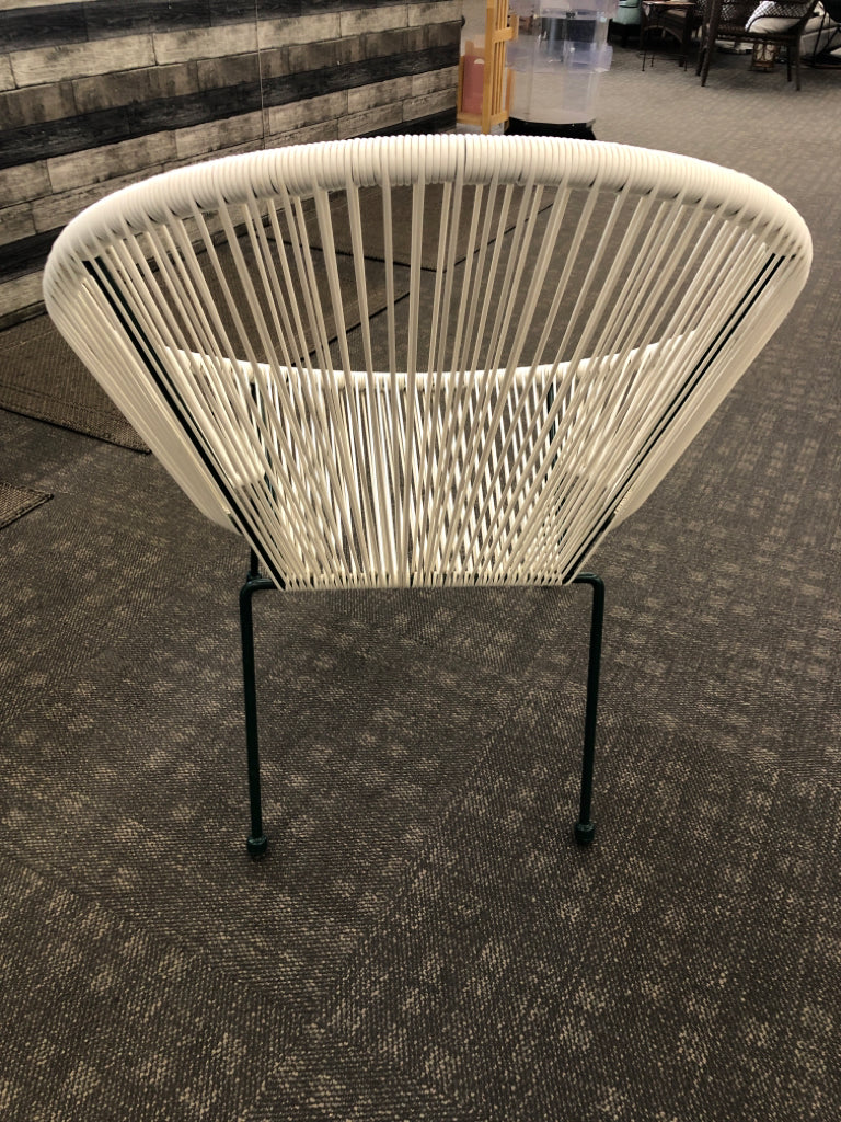 WOVEN PLASTIC EGG-SHAPED CHAIR W/GREEN LEGS.