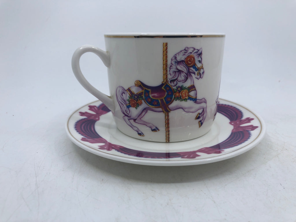 TELEFLORA TEACUP/SAUCER PURPLE CAROUSEL HORSE.