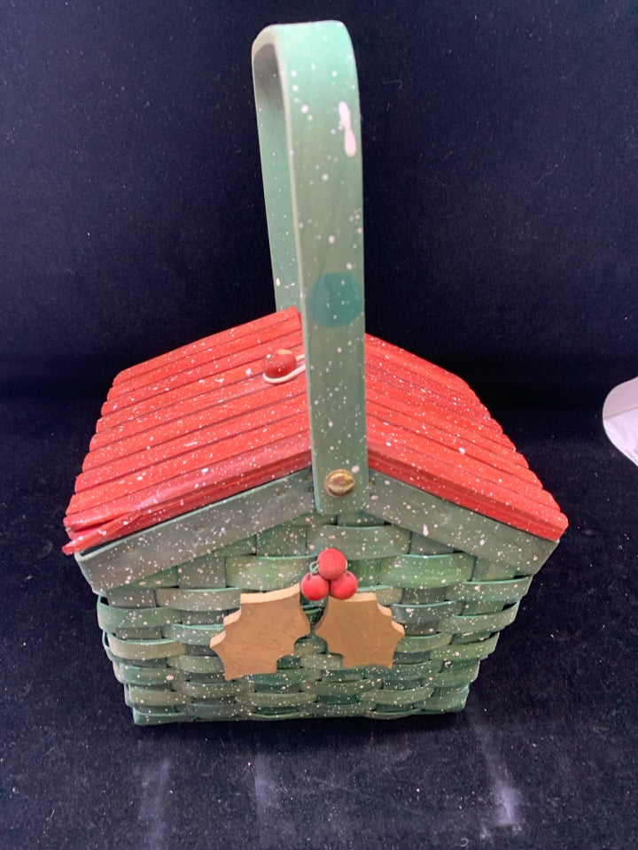 GREEN HOLIDAY BASKET W/ RED LID HOLLY DESIGN WHITE SPECKLES.
