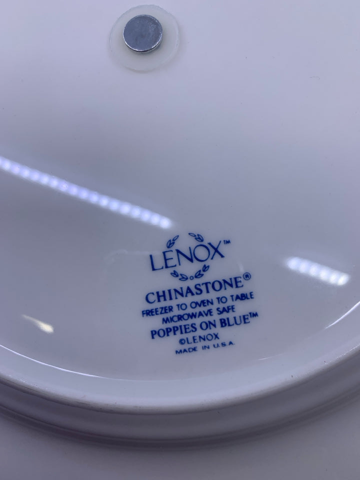 POPPIES ON BLUE 2 TIERED SERVING TRAY W/ SCALLOPED HANDLE.