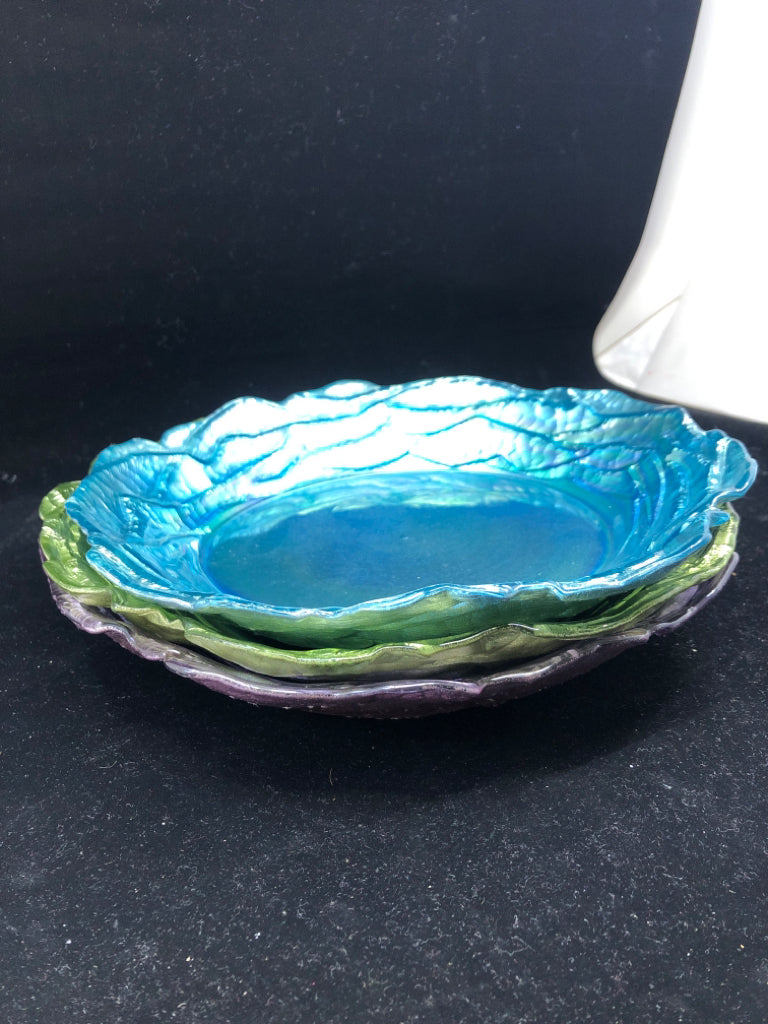 3 MULTI COLORED BLUE, GREEN, PURPLE CENTERPIECE BOWLS.