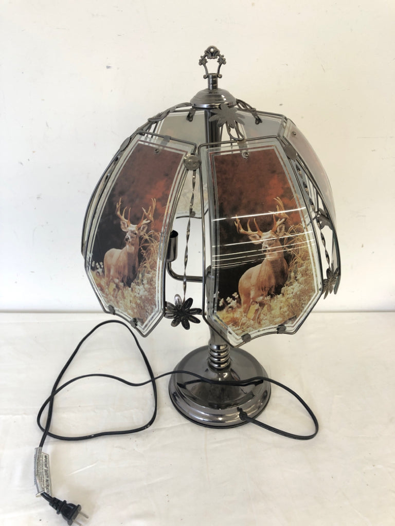 PLASTIC DEER SHADE FAUX STAINED GLASS TOUCH LAMP.