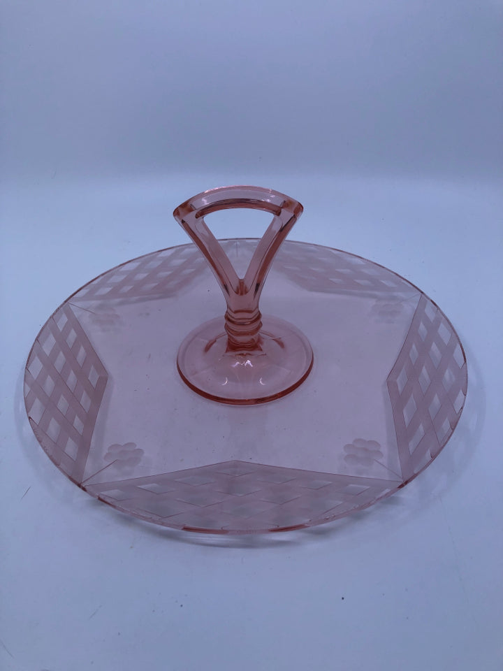 VTG PINK DEPRESSION GLASS ETCHED SERVER W CENTER HANDLE.