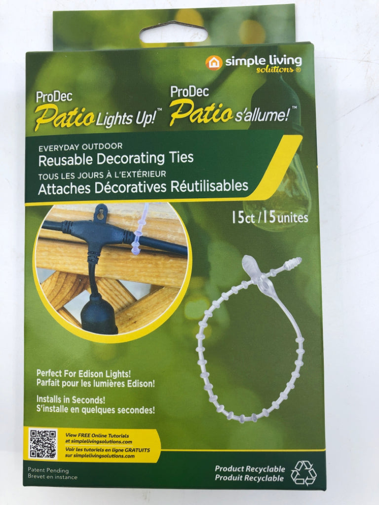 NIB 15CT REUSABLE DECORATING TIES PRODEC PATIO LIGHTS UP!