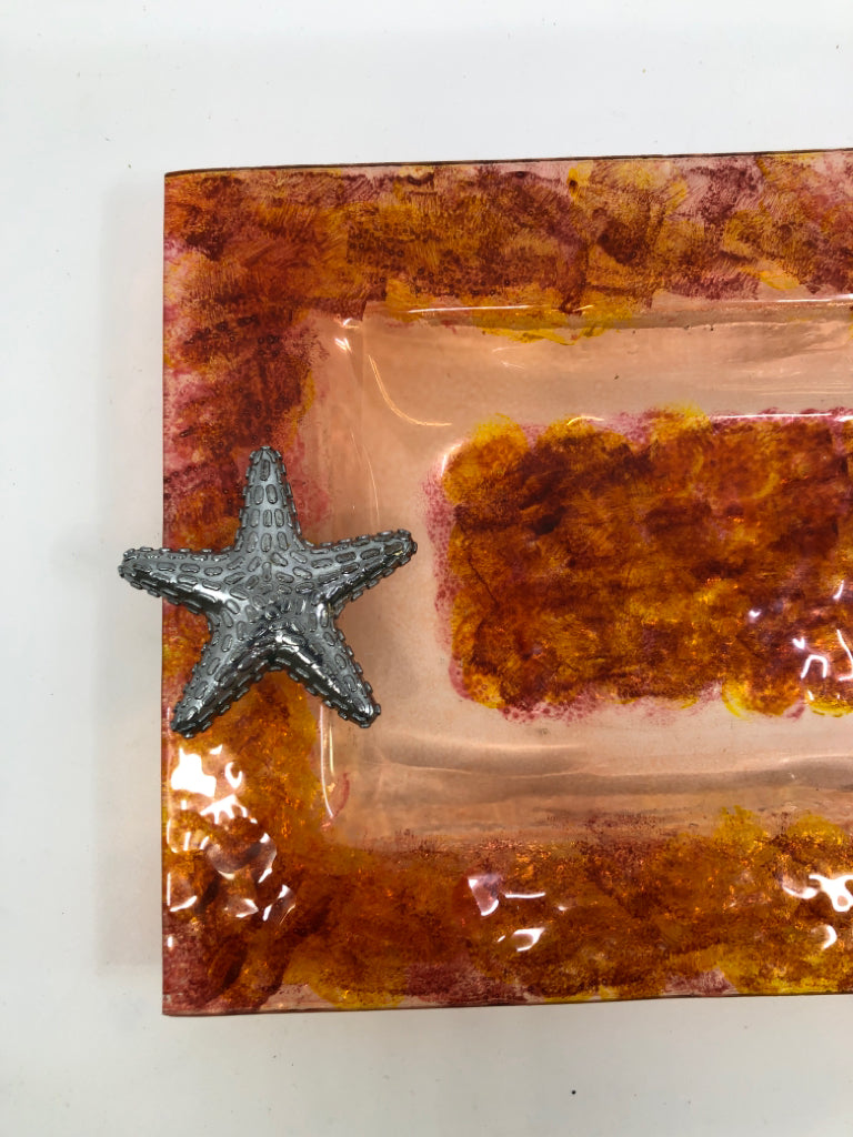 ORANGE RECTANGLE GLASS TRAY W/SILVER STARFISH.